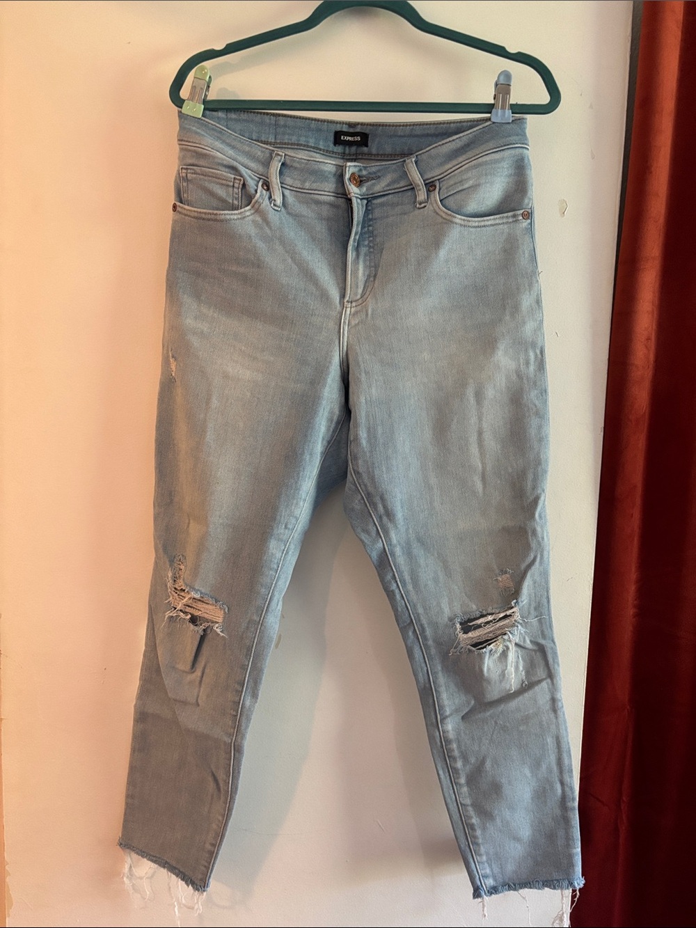 Express Curvy Skinny Mid Rise Light Blue Distressed Jeans